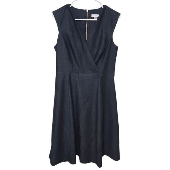 Calvin Klein V Neck Dark Denim Wrap Midi Dress Size 10 Fit & Flare Gold Zipper - Picture 1 of 7